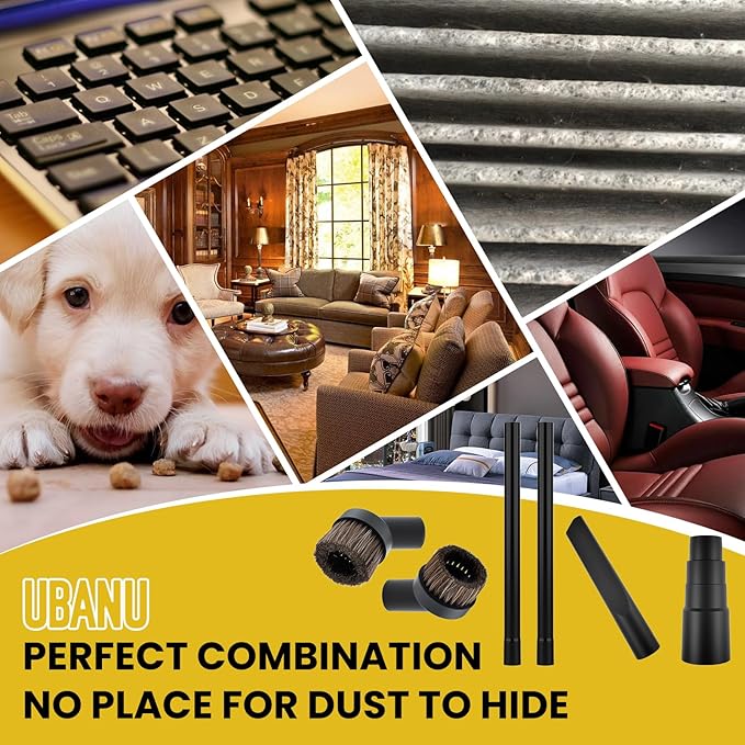UBANU 6Pcs Vacuum Attachments Set - 17.7" Extension Wands, Crevice Tool, 2 Horse Hair Dust Brushes & Universal Hose Adapter for Cleaning Furniture, Blinds, Car Interiors