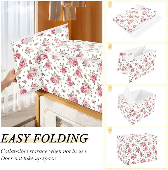 Collapsible Storage Bins with Lids, Pink Rose Flowers Floral Storage Boxes for Organizing
