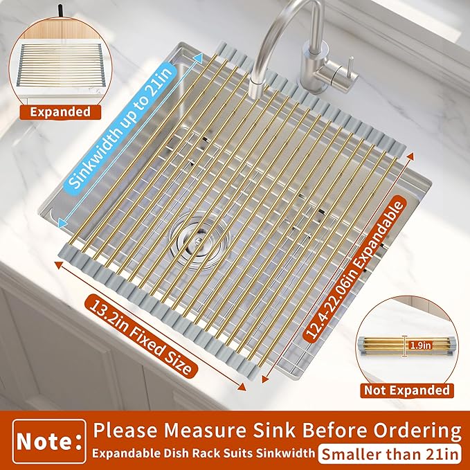 HAYAWEY Golden Expandable Roll-UP Dish Drying Rack-Large 304 Stainless Steel Dish Drainer Over The Sink for Kitchen Countertop,Extendable & Rollable & Food Grade (Gold,22.08'x 13.2')