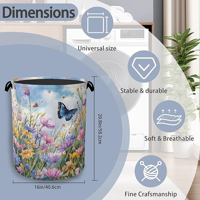 Wildflowers Butterfly Laundry Basket,Floral Garden Oxford Cloth Laundry Hamper with Handle Foldable Portable Clothes Storage Basket for Bathroom Bedroom Dorm Room 16" x 20.8"