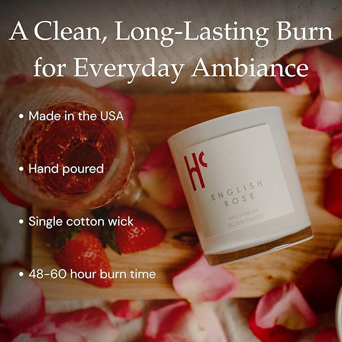 English Rose Single Wick Soy Candles, Luxury Scented Candles for Home - Up to 60 Hour Burn Time, Cruelty-Free Soy Wax Blend - Floral Rose & Jasmine Fragrance (9 oz)