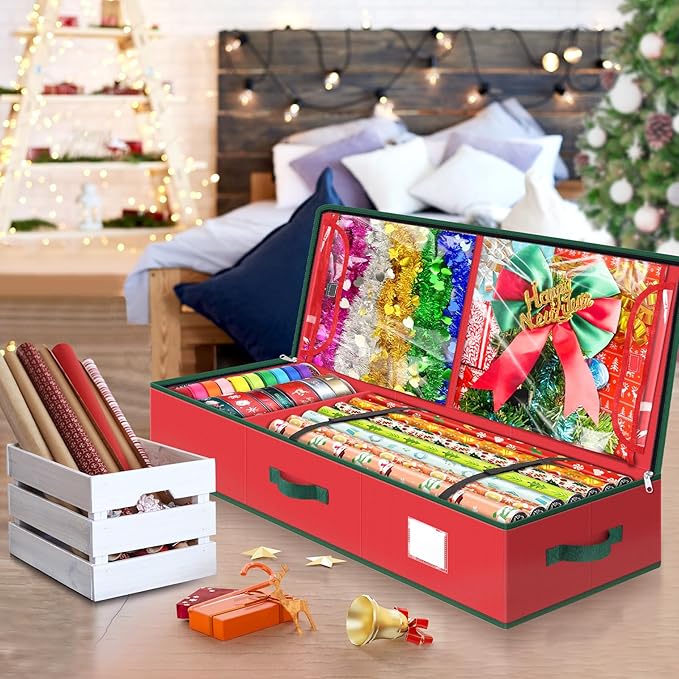 BlessedSeason Wrapping Paper Storage Organizer for 40 Inch Christmas Gifts Wrapping Paper, 2 Visible Supplies Pockets for Holiday Accessories, Christmas Decoration Storage Containers, Red