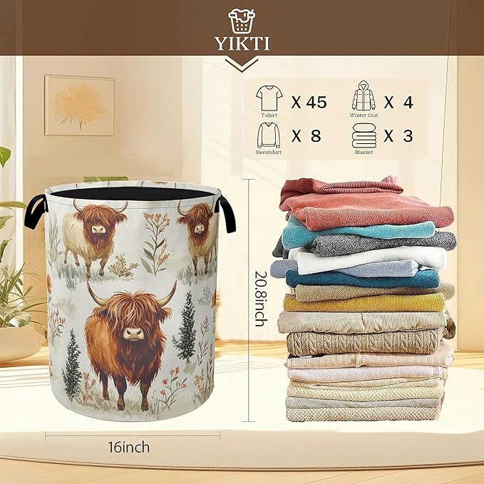 Laundry Hamper,Highland Cow Laundry Basket,Farmhouse Watercolor Flower Portable Collapsible Laundry Room Organization Storage for Dorm Room,Nursery,Bathroom,Bedroom,16x20 Inch
