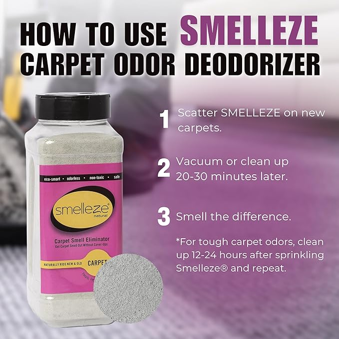 SMELLEZE Natural New Carpet Smell Deodorizer, Carpet Odor Eliminator Powder - Deodorizes All New Carpets, Rugs & Upholstery, 2 lb. Powder