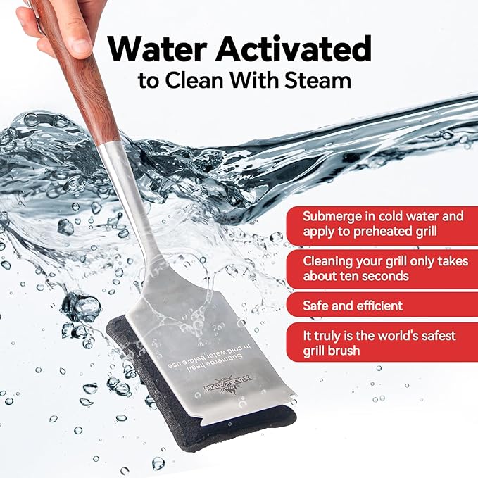 XUDAKAIXIN Bristle-Free Steam Cleaning Grill Brush,with Extended Luxurious Rosewood Handle and 1 Replacement Head,BBQ Grill Cleaning Brush Kit,Safe Grill Cleaner for Outdoor Grill,Gifts for Men/Dad
