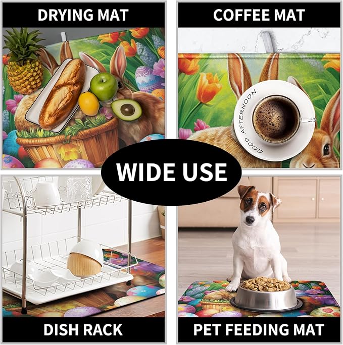 Kwlegh Easter Bunny Eggs Dish Drying Mat for Kitchen Counter, Tulip Floral Flower Drying Mat Spring Summer Holiday Dish Mat Drying Kitchen Mat Absorbent Kitchen Drying Mat for Sink 16x18Inch
