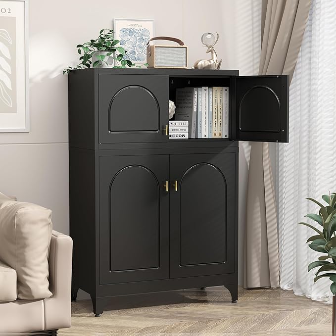Metal Storage Cabinet with 2 Doors, 48" H Black Sideboard Cabinet, Small Kitchen Pantry with Adjustable Shelf, Coffee Bar Cabinets, Storage Cabinets for Kitchen, Pantry, Living Room, Office