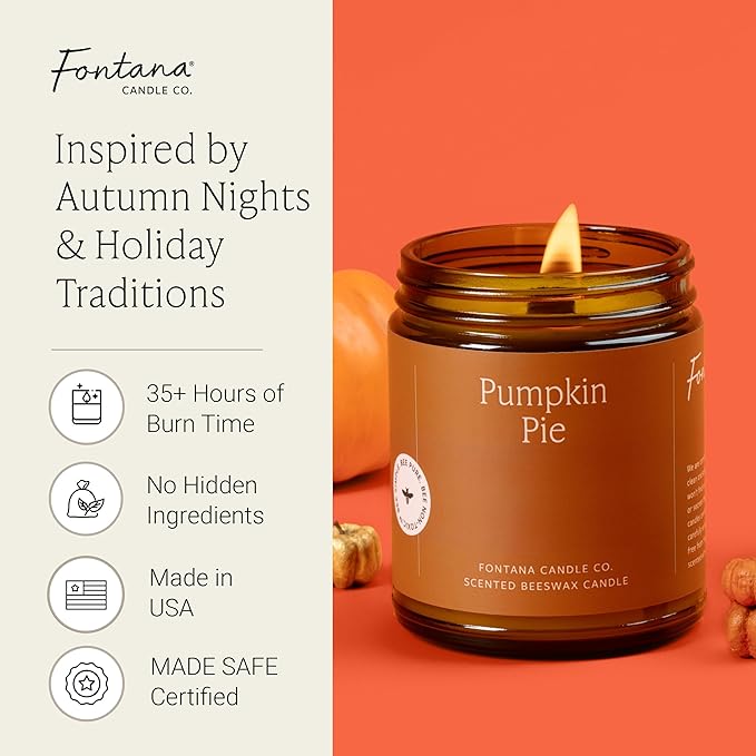Fontana Candle Co Wood Wick Beeswax Jar Candles, Pumpkin Pie Fall Candle - Made with Coconut Oil & Pure Essential Oils – Clean Burn, Long Lasting and Non-Toxic Candles for Home & Room Decor