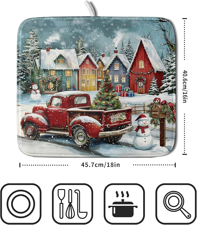 Christmas Dish Drying Mat for Kitchen Counter 18x16 Inch Xmas Red Truck Drying Mat with Absorbent Reversible Microfiber House Snowman Winter Dish Drainer Mats Rack Pad for Coffee Countertop Protector