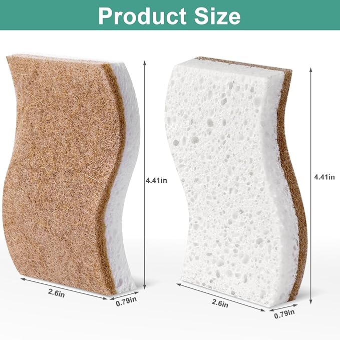 JiedHiur 12Pack Natural Kitchen Sponge, Biodegradable Cellulose and Coconut Scrubber, Eco Friendly Sponges for Dishes