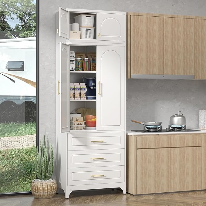 90" Pantry Kitchen Cabinet with Drawer, 75" Pantry Cabinets with 15" Cabinets, Freestanding Kitchen Storage Cabinet for Dining Room, Living Room, Alacena para Cocina, Assembly Required, White