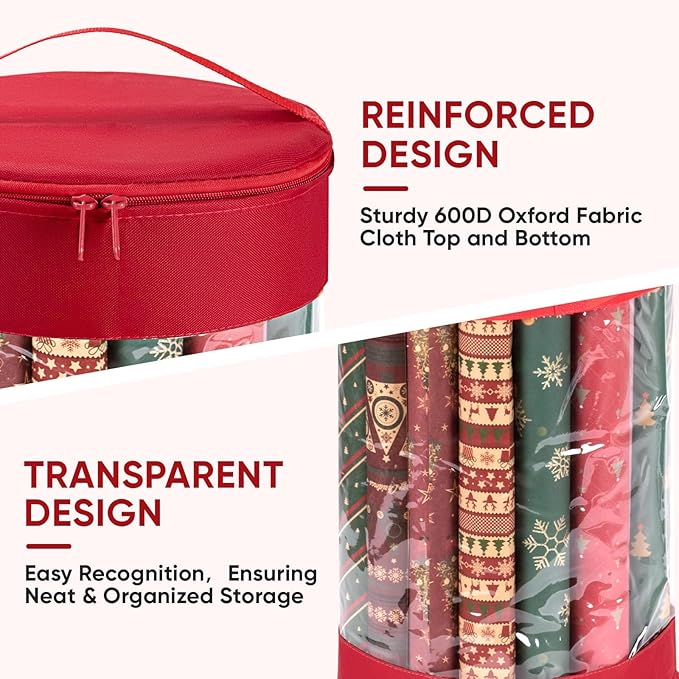 BALEINE Christmas Wrapping Paper Organizer Storage, 41" Gift Wrapping Paper Storage Containers, Clear PVC with Durable 600D Oxford Fabric Gift Wrap Paper Holder Fits 18-25 Rolls, Green