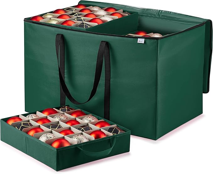 ZOBER Christmas Ornament Storage Box - Stores 200 3" Ornaments with Individual Trays - Tear Proof 600D Oxford Fabric - ornament organizer storage box, Durable Christmas Containers Holder - Green