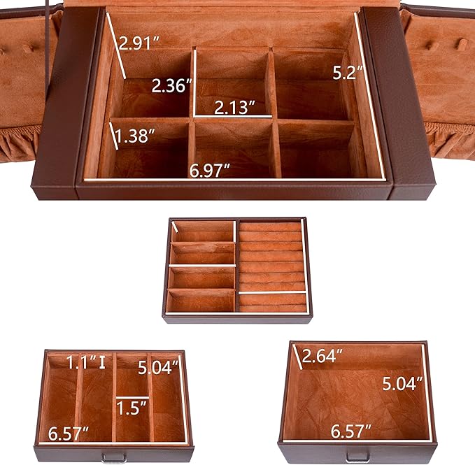 Kendal Jewelry Box for Women, Leather Jewelry Organizer with 2 Drawers and Mirror, Portable Travel Case for Necklace, Ring, Jewelry LJC08BRN
