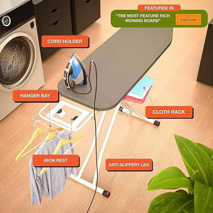 Xabitat Full Size Ironing Board 57" X 13" with Wall Mount Hanger, Full Metal Construction Iron Board, Built in Iron Caddy, Heat & Scorch Resistant Fabric, Cord Holder, Anti-Skid Feet, Heavy Duty