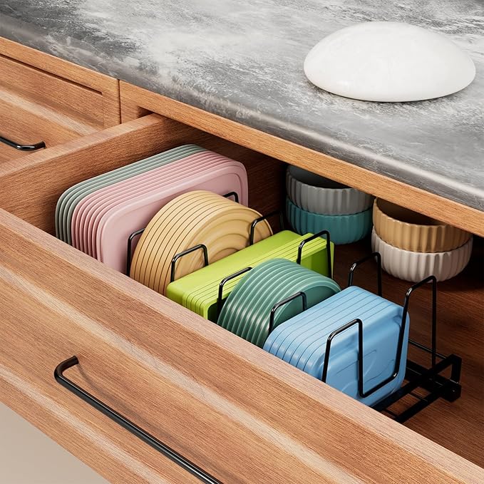 GAGUIUP Food Container Lid Organizer, Adjustable 6 Dividers Full-Metal Pot and Pan Organizer Rack for Kitchen Cabinets, Drawers, Cupboards, Pantry Shelves Storage, Black