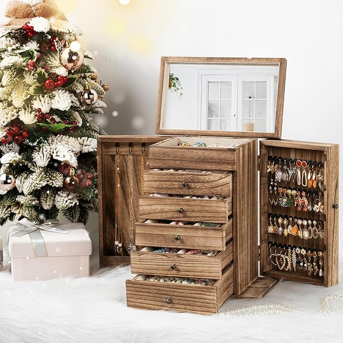 Emfogo Wooden Jewelry Box for Women, 6-Tier Large Jewelry Organizer Boxes with Mirror Rustic Solid Wood jewlery Storage Display for Rings Earrings Necklaces Bracelets watches(Carbonized Brown)