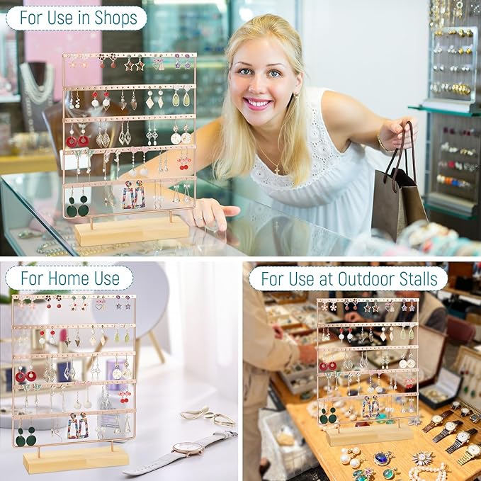 5 Tier 120 Hole Earring Holder Organizer, Rust Proof Metal and Wooden Base Jewelry Organizers and Storage for 60 Pairs of Earrings, Suitable for Home Storage and Sales Display