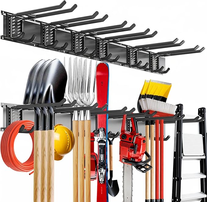 Tebgeag Garage Tool Organizer Wall Mount, 48inch Heavy-Duty Garage Storage System and Garden Tool Organizer with 6 Adjustable Double Hooks for Shovel, Snowboard, Yard Tools and Shed