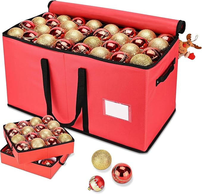 Christmas Ornament Storage Box, Ornament Storage Organizer Fits 128 of 3 inch Ornament Balls, 8 Removable Tray Ornaments Storage Containers with Dividers to Store Xmas Holiday Decor(Red)