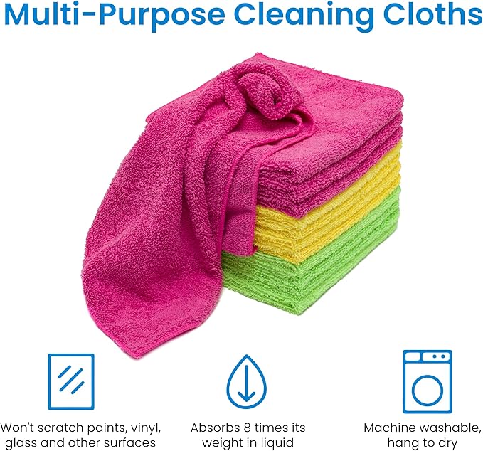 Microfiber Cleaning Cloths - Reusable and Washable - Multi Purpose Indoor/Outdoor Cleaning/Dusting/Polishing on Kitchen/Bathroom/Auto Surfaces (12 Pack/High Grammage)