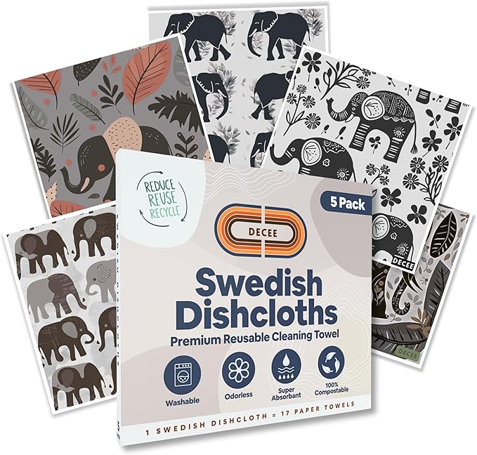 DECEE Swedish dishcloths (Dumbo) 5 Pack Reusable Paper Towels | Washable | Swedish Dish Towels | Non-Scratch Cellulose Sponge Cloths | No Odor, Biodegradable Cleaning Cloths