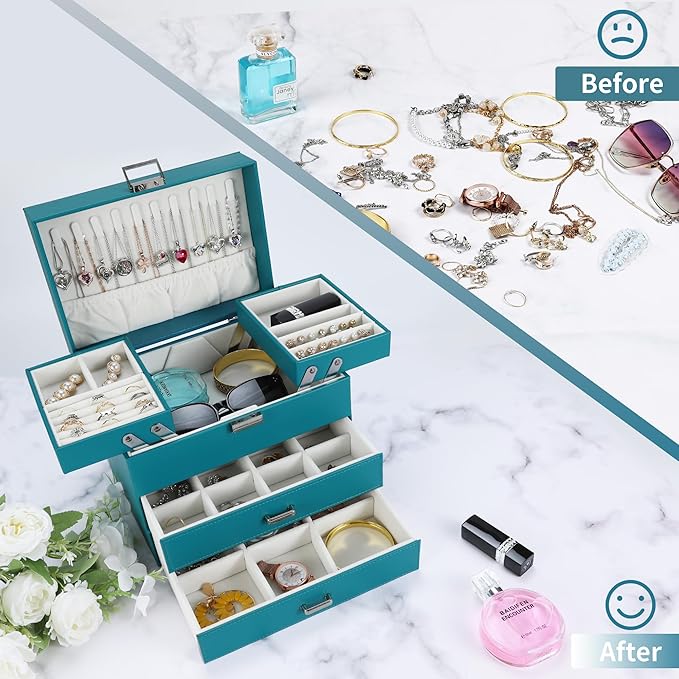 Dajasan Jewelry Box Organizer, Jewelry Holder Organizer Box, 4 Layers Leather Jewelry Storage Box, Gift Idea for Women, Girlfriends, Wife or Mother (Blue)