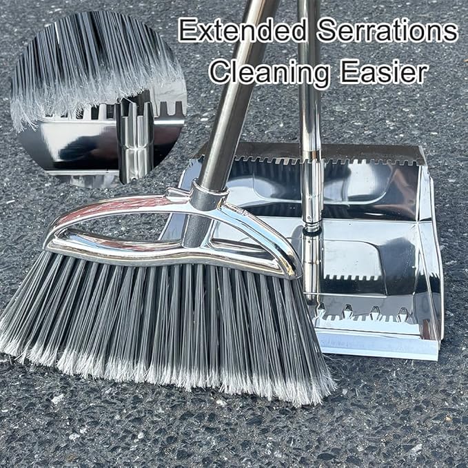 Outdoor Broom and Dustpan Comb Set,Heavy Duty Stainless Steel Metal Dust Pan with Long Handle Commercial Stiff Bristles Broom for Home Garage Garden Patio