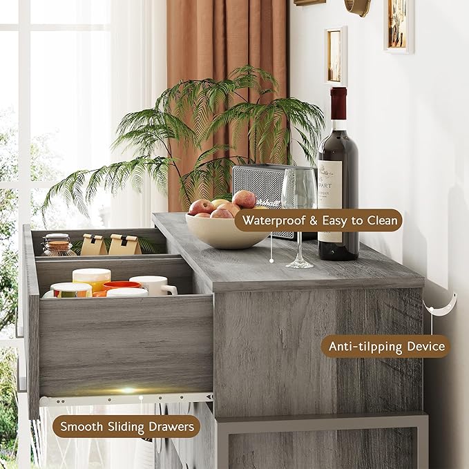 Fluted Dresser for Bedroom with 8 Drawers, 50" Wide Chest of Drawers with Raised H Legs and Curved Profile Design, Wood Closet Clothes Storage Organizer for Bedroom, Hallway, Grey