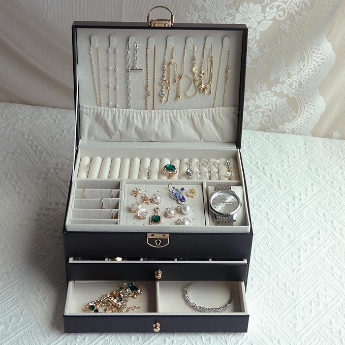 Jewelry Organizer Box for Women, Large Jewelry Organizer with Lock, 3 Tier Storage Box with Velvet Lining, 2 Drawers, Necklace Hooks, Ring Rolls