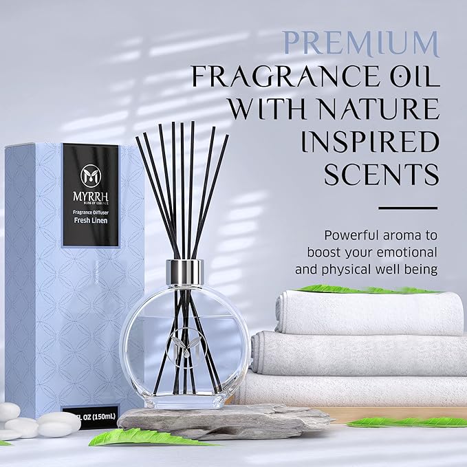 Fresh Linen Scented Reed Diffuser Set with 8 Rattan Diffuser Sticks,150 ml, All Natural Air Freshener, Long-Lasting Diffusers at Home - MyrrhUSA