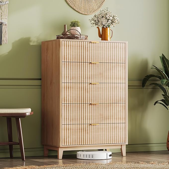 WLIVE Fluted Dresser for Bedroom with 5 Drawers, 46.26" Tall Wooden Dresser with Golden Metal Handles, Mid Century Modern Chest of Drawers for Living Room, Hallway, Closet, Natural Oak