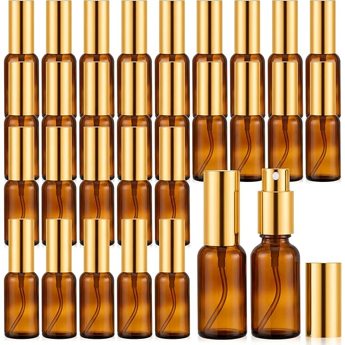 Roshtia 30 Pcs Glass Spray Bottle Clear Empty Bottles Small Refillable Reusable Perfume Bottle with Fine Mist Sprayer Pump for Face Body Travel (1 oz,Amber)