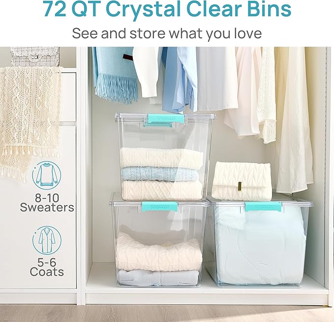 Vtopmart 4 Pack 72 QT Crystal Clear Storage Bins with Lids, 4 Pack Stackable Plastic Large Latching Boxes Totes Tubs Container for Closet Organizers and Storage, Bedroom, Clothes, Toys, Bedding