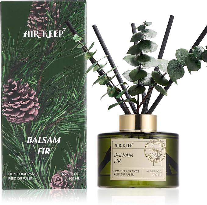 Airkeep Reed Diffuser Set with 6.76 fl oz Balsam Fir Scent Essential Oils and 3 Leaves & 8 Diffuser Sticks,Bathroom Shelf Decor & Air Freshener, House Bedroom Office Decor & Gifts