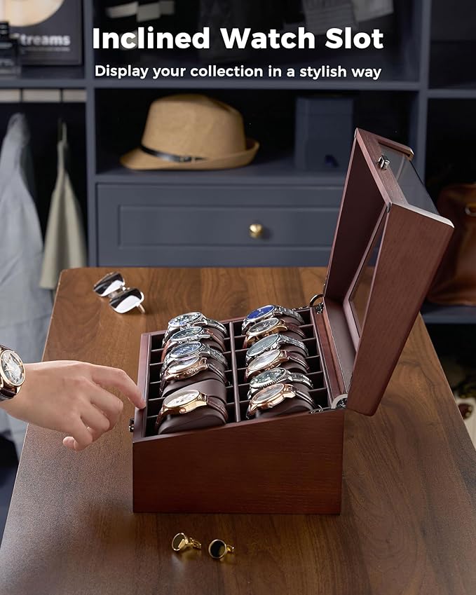 ProCase Wooden Watch Box for Men, Wood Watch Display Case Men's Jewelry Organizer Box with Drawer -12 Slot, Walnut