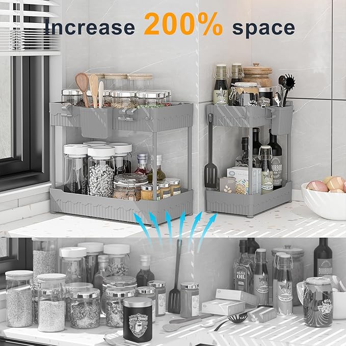 Sevenblue 2 Pack Under Sink Organizer, Under Bathroom Cabinet Organizer with Hooks Hanging Cup, Multi-Purpose Storage Shelf for Kitchen Bathroom (Gray, L)