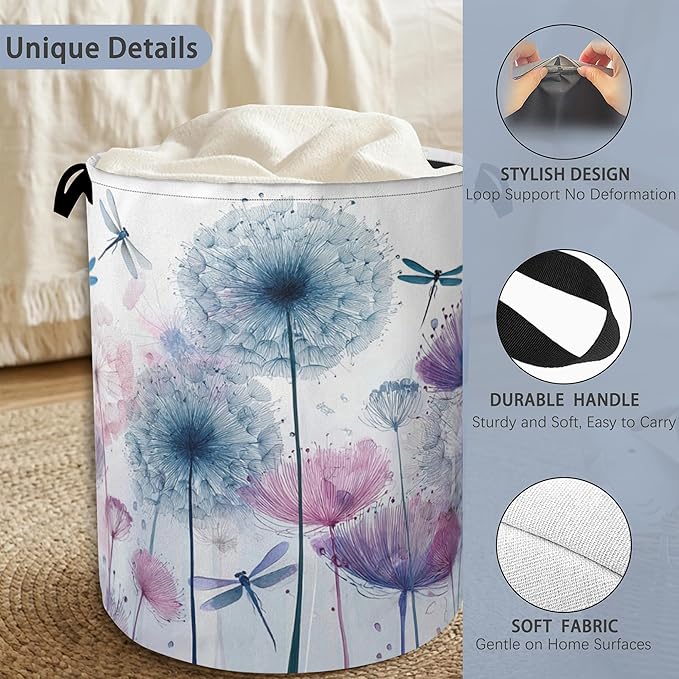 Dandelion Dragonfly Laundry Hamper,Dirty Clothes Laundry Basket with Handles Waterproof Oxford Cloth Storage Basket for College Dorms Bathroom Bedroom 16" x 20.8"
