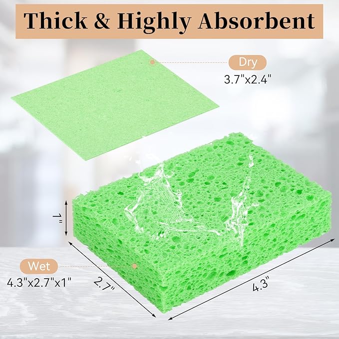 Mkobon 6 Pcs Kitchen Sponges for Dishes Cleaning, Non Scratch for Non Stick Cookware, Compressed Natural Cellulose Sponges, Dish Washing Scrubbers, Scrubbing Pads for Household, Bathroom (Green)