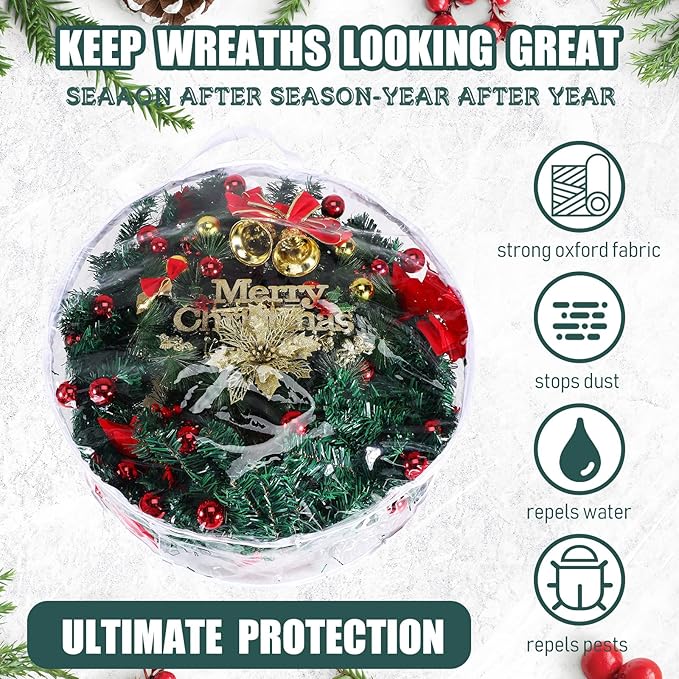 Shappy 2 Pieces Christmas Wreath Storage Container 30 Inch Wreath Plastic Storage Bags with Dual Zippers and Handles for Xmas Thanksgiving Holiday Artificial (Clear)