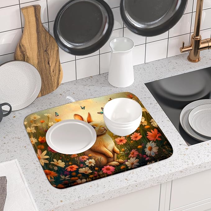 Giwawa Easter Bunny Dish Drying Mat Flower Butterfly Kitchen Drainer Mat 16x18 inch Absorbent Reversible Dish Rack Pad for Counter Tabletop Decor