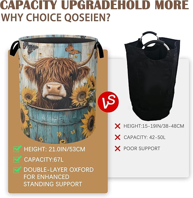 Large Laundry Basket,Highland Cow Collapsible Laundry Baskets,Sunflower Butterfly Waterproof Oxford Hamper with Handles for Bathroom Bedroom Nursery Home Storage 16"x20"