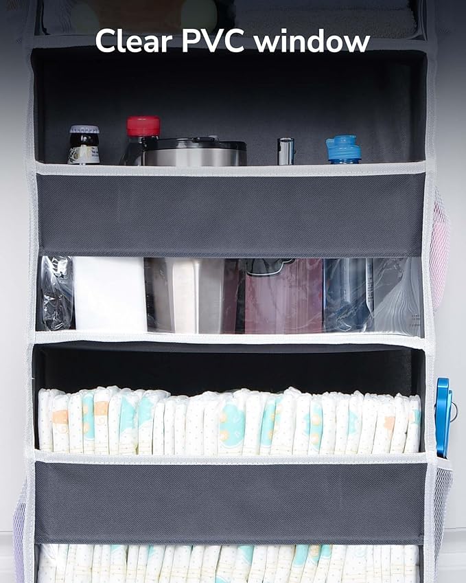 ULG 1 Pack Over Door Organizer with 5 Large Pockets 10 Mesh Side Pockets, 44 lbs Weight Capacity Hanging Storage Organizer with Clear Window Kids Toys, Shoes, Diapers, Dark Grey, 5 Layers