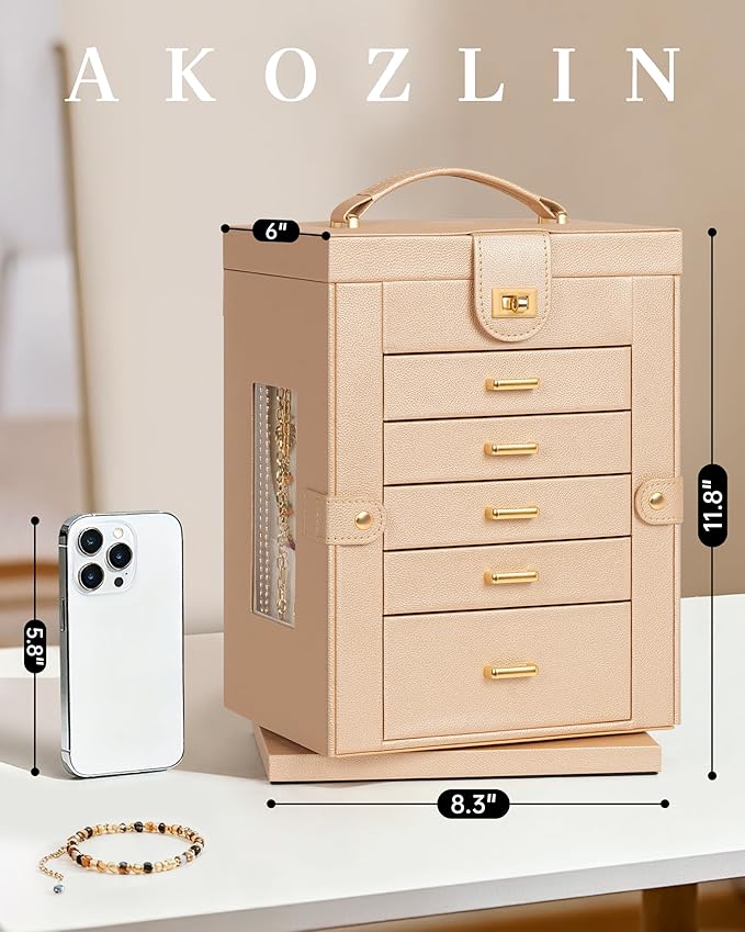 AKOZLIN Jewelry Box 6-Tier Organizer Functional 360° Rotating Jewelry Storage Case for Women Girls Ring Necklace Earring Bracelet Holder with Mirror
