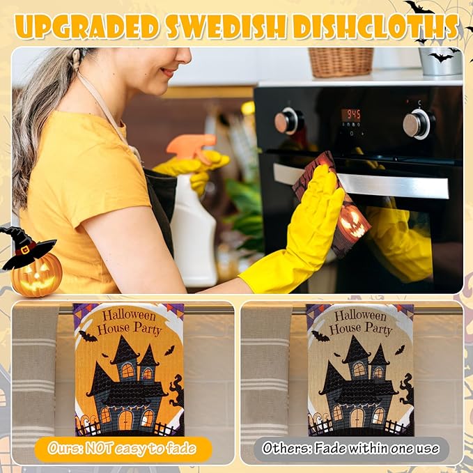 Lucomb 8 Pack Halloween Swedish Dishcloths Reusable, Kitchen Sponges Soft Absorbent Dish Towels Swedish Dish Cloths Washable Decorative for Kitchen Washing Dishes Bathroom Office Hand Towel Cleaning