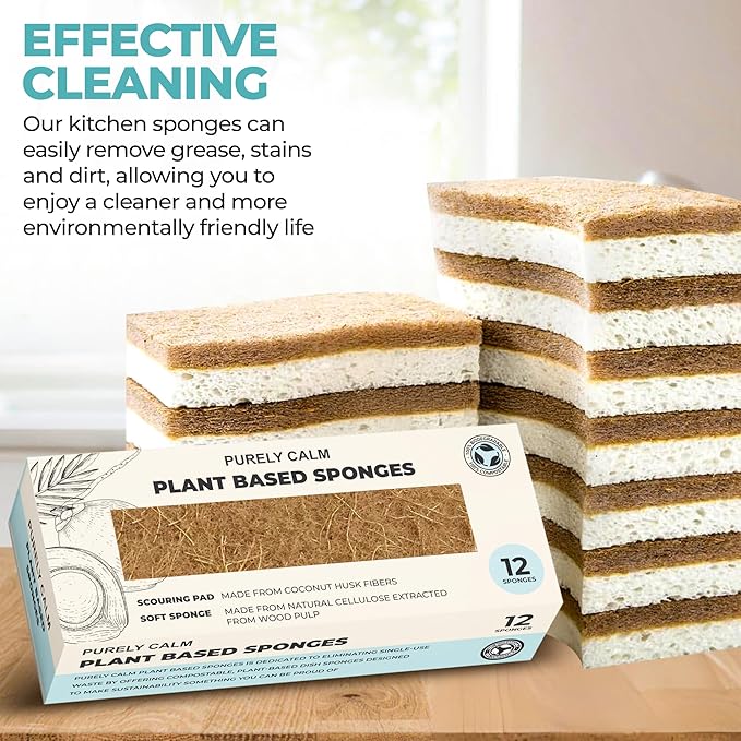 Purely Calm Plant Based Natural Sponge - Pack of 12 Cellulose Sponges, Safe on Non-Stick Cookware, Dual Sided Dish Sponge for Washing Dishes, Kitchen and Household