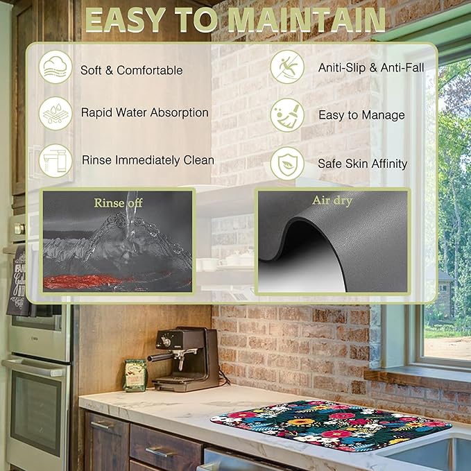 Kitchen Mat Abstract Solid Flowers Dish Drying Mat 12"x19" Bsorbent Coffee Maker Mat for Sink Dishes or Under Rack Kitchen Counter Accessories Absorbent Hide Stain Rubber Backed Dish Drying Pad
