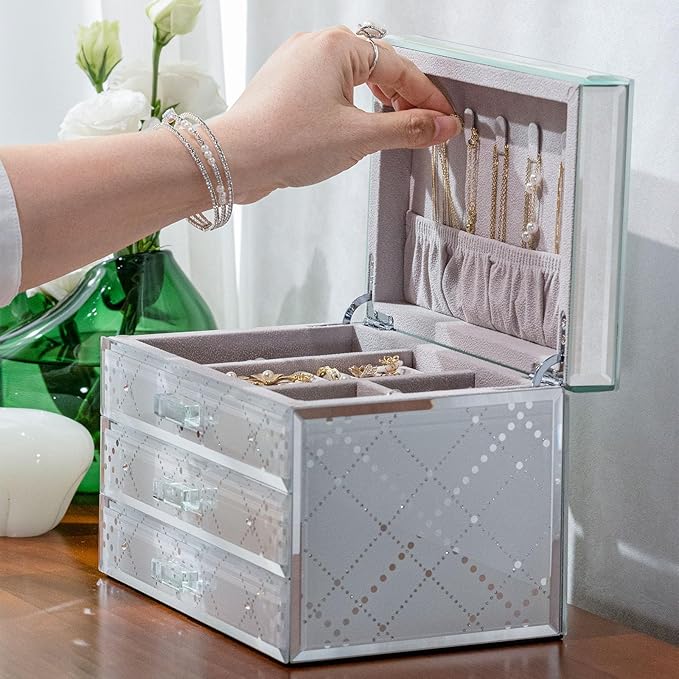 Glass Jewelry Box,Plaid & Sparkling Diamonds, 3-Tier Organizer for Women Girls,Jewelry Gift Decorative Boxes, Art Painting Tabletop Ornament Organizer For Earring Necklace Christmas Gifts