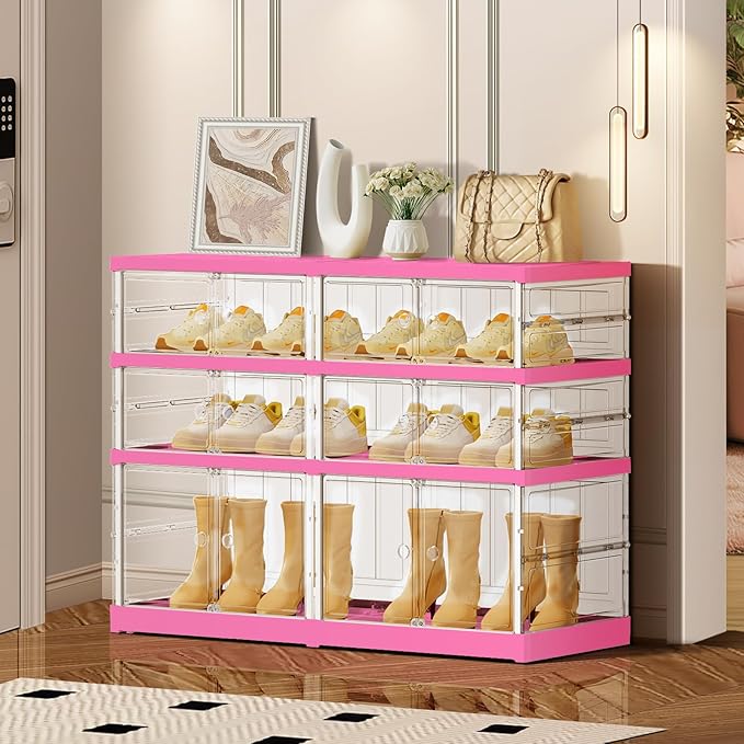 3-Tier Foldable Shoe Rack for Closet Entryway 6-12Pairs, Stackable Clear Shoe Storage Boxes Organizer with Door Plastic Small Shoe Cabinet Bins with Lids Shoes Shelf Easy Assembly（White-Pink）