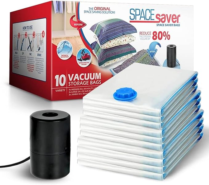 10 Pack Variety Vacuum Storage Bags for Comforters, Blankets & Clothes – Vacuum Sealed Compression Bags with Electric Pump – Space Saver Storage Bags for Bedding, Travel & Organization (4M, 3L, 3XL)